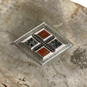 Antique Scottish Solid Sterling Silver Red Jasper Granite Inlay Saltire Brooch